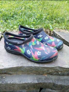 Sloggers Navy Clogs with Pink & Green Hummingbird Print
